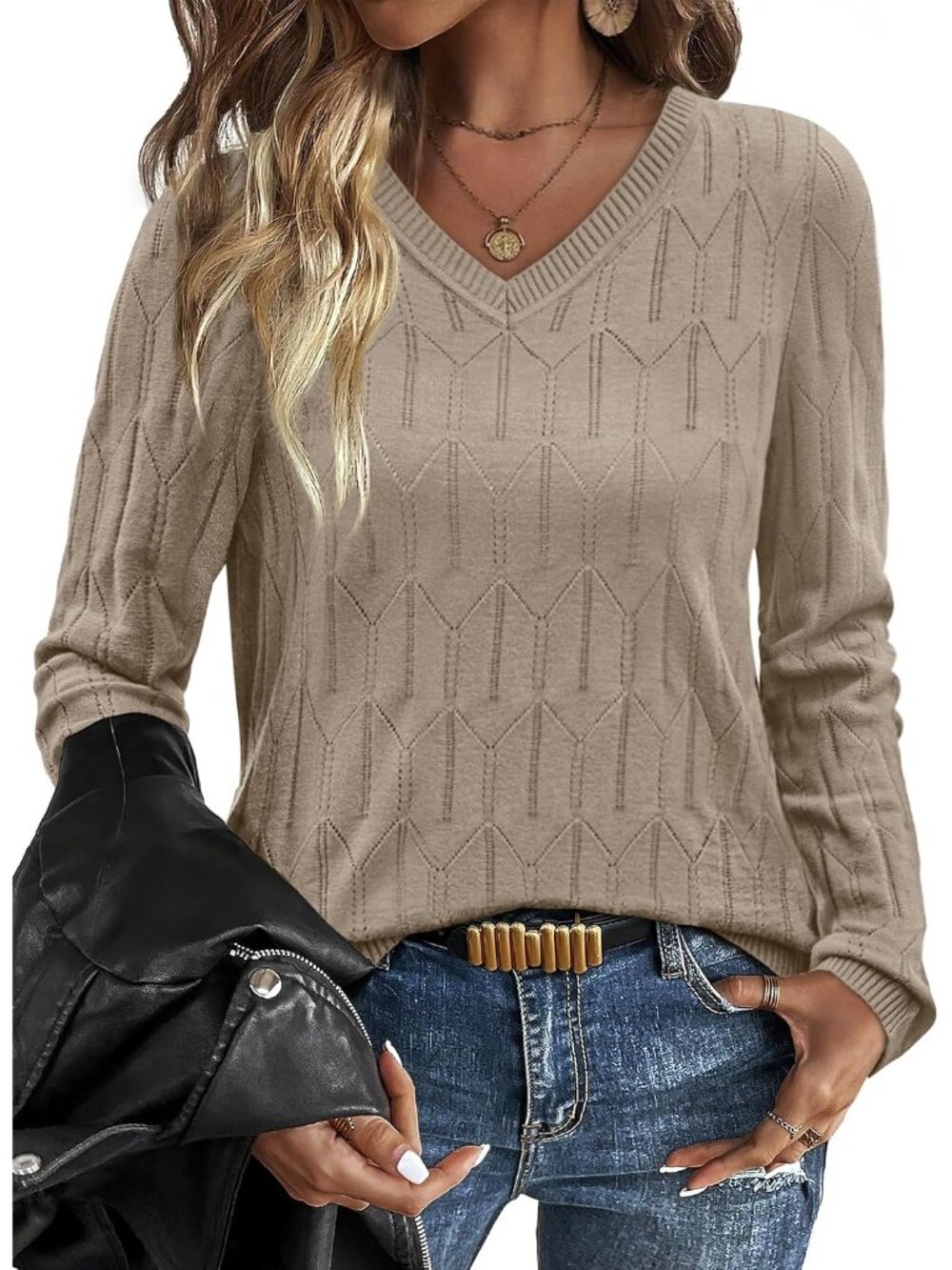 Soft Knit Long Sleeve Sweater - Versatile V-Neck Top for Women in Khaki